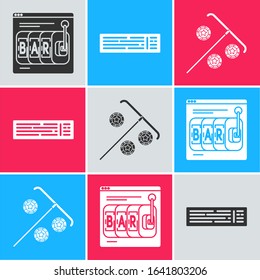 Set Online slot machine, Deck of playing cards and Stick for chips icon. Vector