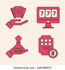 Set Online slot machine, Hand holding deck of playing cards, Online slot machine with lucky sevens jackpot and Hand holding money bag icon. Vector