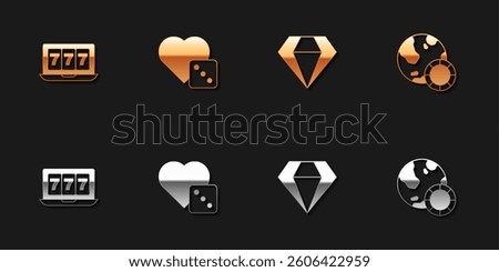 Set Online slot machine with jackpot, Game dice, Diamond and Casino chips icon. Vector