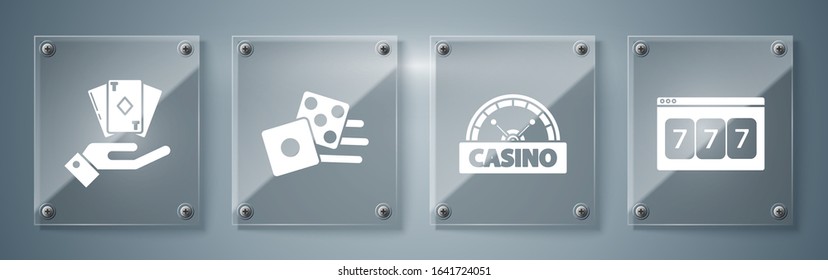 Set Online slot machine with lucky sevens jackpot, Casino signboard, Game dice and Hand holding deck of playing cards. Square glass panels. Vector