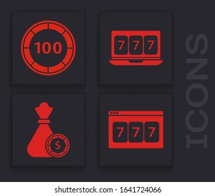 Set Online slot machine with lucky sevens jackpot, Casino chips, Online slot machine with lucky sevens jackpot and Money bag and casino chips icon. Vector