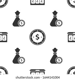 Set Online slot machine with lucky sevens jackpot, Casino chip with dollar and Money bag and casino chips on seamless pattern. Vector