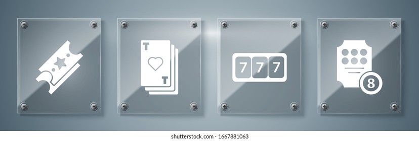 Set Online slot machine, Slot machine with lucky sevens jackpot, Playing card with heart and Lottery ticket. Square glass panels. Vector