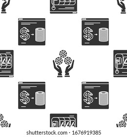 Set Online slot machine with lucky sevens jackpot, Hand holding casino chips and Online casino chips exchange on stacks of dollars on seamless pattern. Vector