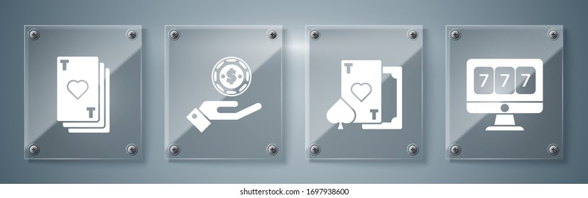 Set Online slot machine with lucky sevens jackpot, Playing card with heart, Hand holding casino chips and Playing card with heart. Square glass panels. Vector