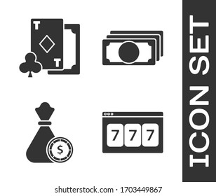 Set Online slot machine with lucky sevens jackpot, Playing card with diamonds, Money bag and casino chips and Stacks paper money cash icon. Vector