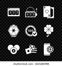 Set Online slot machine with lucky sevens jackpot, Slot, Playing card heart, Billiard pool snooker 8 ball, Game dice, poker table game, Lucky wheel and Casino chips icon. Vector