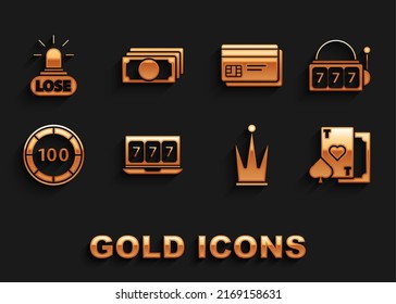 Set Online slot machine with lucky sevens jackpot, Slot, Playing card heart, Crown, Casino chips, Credit, losing and Stacks paper money cash icon. Vector