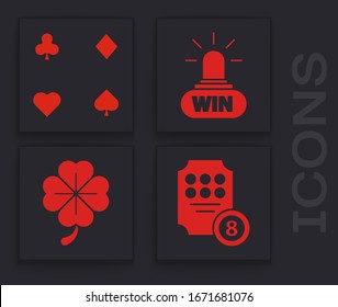 Set Online slot machine, Playing cards, Casino win and Four leaf clover icon. Vector