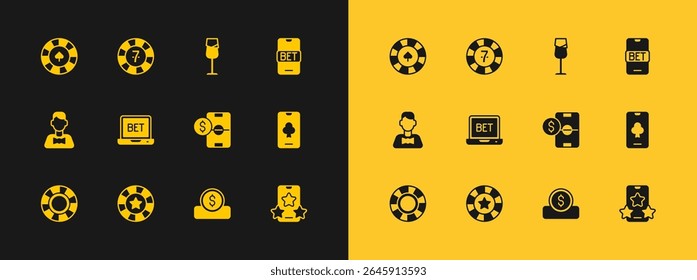 Set Online sports betting, Casino chips, Football money, Coin with dollar, Wine glass,  and  icon. Vector