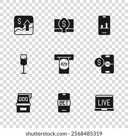 Set Online sports betting, Football money, poker table game, Automated teller machine and, Financial growth increase, Stacks paper cash and Wine glass icon. Vector