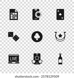 Set Online sports betting, Horseshoe, Bottle of wine, Playing card with clubs symbol, spades, Lottery ticket,  and Game dice icon. Vector