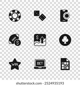 Set Online sports betting, Playing card with clubs symbol, Lottery ticket, Financial growth increase, Casino chips, Game dice and American football money icon. Vector