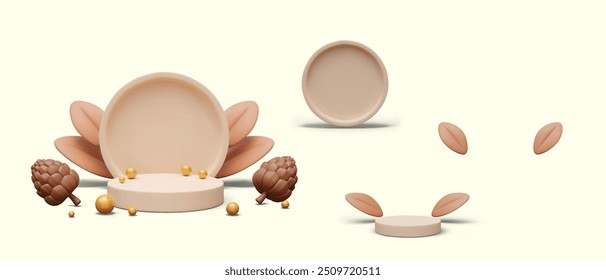 Definir para vitrine eletrônica. Cena vetor com cones realistas, folhas, contas de ouro