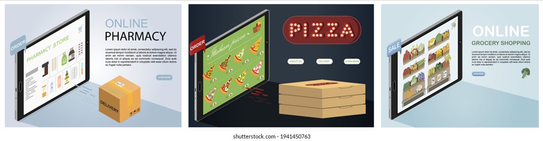 A set of online stores with delivery. Vector tablet screen with the app. Order Pharmacy, food and fast food. Flat design with isometry. Web pages of sites. Illustration for a website or banner.