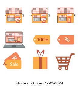 Set of online stores, shopping icons. Contains badges of online stores or shops, tags, basket, delivery, packaging, postcard sale gift box