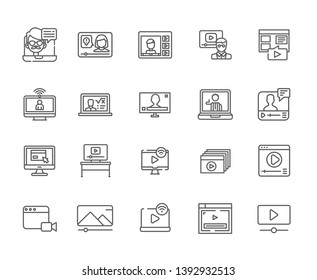 Set of online streaming Related Vector Line Icons. Includes such Icons as live stream, video, movie, chat, video, stream, speaker, teacher, doctor, news, education, games, pictures, Hobbies - vector