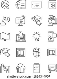 set of online study thin line icons, education, study form home, online library