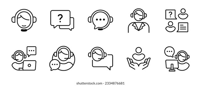 set of online support assistance icon collection vector customers service agent helping technical solution client symbol outline illustration