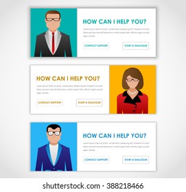 A set of online support banners. Modern material design icons of men and women in glasses. Vector illustration