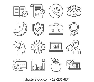 Set of Online survey, Idea and Approved documentation icons. Check investment, Report and Portfolio signs. Efficacy, Success and Online statistics symbols. Vector