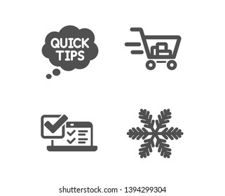 Set of Online survey, Quick tips and Shopping cart icons. Snowflake sign. Quiz test, Helpful tricks, Online buying. Air conditioning.  Classic design online survey icon. Flat design. Vector
