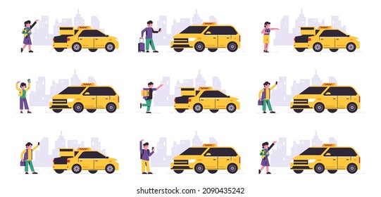 Conjunto de servicio de pedidos de taxi online. Servicio de taxi urbano. Pasajeros y auto amarillo en el fondo de la ciudad. Ilustración vectorial aislada en el fondo.