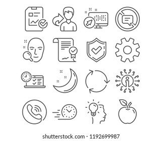 Set of Online test, Approved agreement and Service icons. Recycling, Fast delivery and Stop talking signs. Face search, Report checklist and Idea symbols. Examination, Verified document, Cogwheel gear