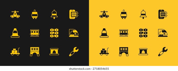 Reserva de boletos en línea, Puente para el tren, Ferrocarril roto, Túnel de ferrocarril, Coches de pasajeros, Campana de la estación de tren, Transporte de Handcar e icono de maleta. Vector