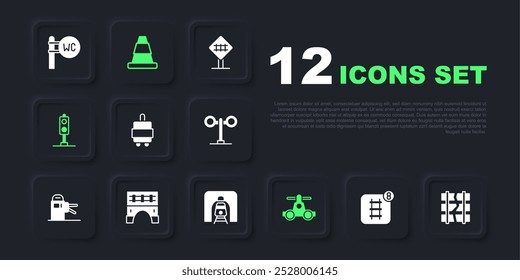 Set Online ticket booking, Broken or cracked railway, Suitcase, Handcar transportation, Train traffic light, Bridge for train, Traffic cone and tunnel icon. Vector