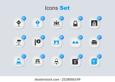 Reserva de boletos en línea, ubicación de cafetería y restaurante, signo de exclamación cuadrado, cono de tráfico, pasaporte, vagón de tren de carbón, cruce de ferrocarril e icono de túnel de ferrocarril. Vector