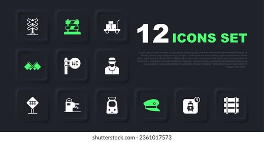 Set Online ticket booking, Railway, railroad track, Toilet, Train driver hat, Flag, Turnstile, End of railway tracks and and icon. Vector