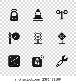 Set Online ticket booking, Speed limit traffic sign 100 km, Wrench spanner, Railroad crossing, Train light, and railway, Traffic cone and station clock icon. Vector