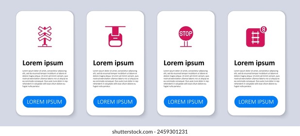 Set Online ticket booking, Stop sign, Cable car and Railroad crossing. Business infographic template. Vector