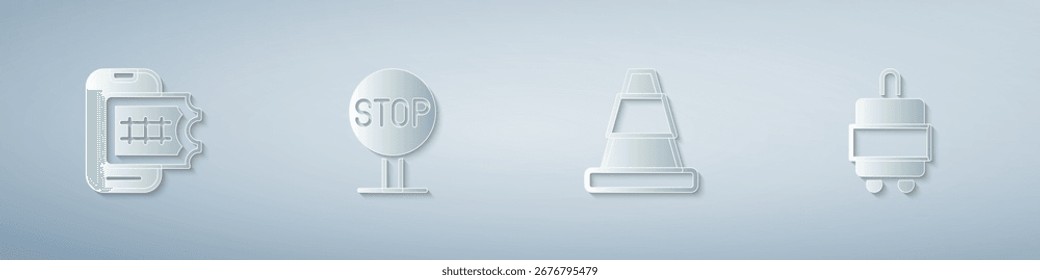 Reserva de boletos en línea, señal de Stop, cono de tráfico y maleta. Estilo de arte de papel. Vector