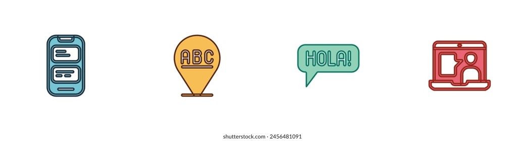 Set Online translator, Alphabet, Hola different languages and Foreign online study icon. Vector