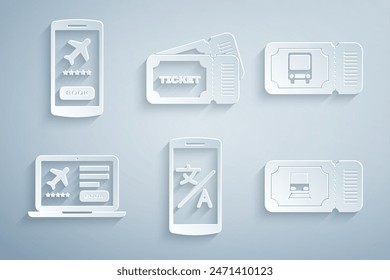 Set Online translator, Bus ticket, Laptop with, Train, Ticket and Mobile icon. Vector