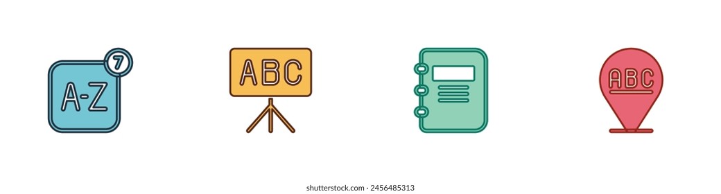 Establecer traductor en línea, pizarra, cuaderno y alfabeto icono. Vector