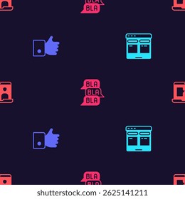 Set Online translator, Hand like, Speech bubble chat and Foreign language online study on seamless pattern. Vector