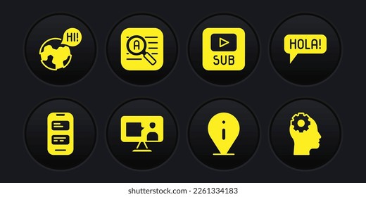 Set Online translator, Hola different languages, Foreign online study, Information, Video with subtitles, Translator, Head gear inside and Learning foreign icon. Vector