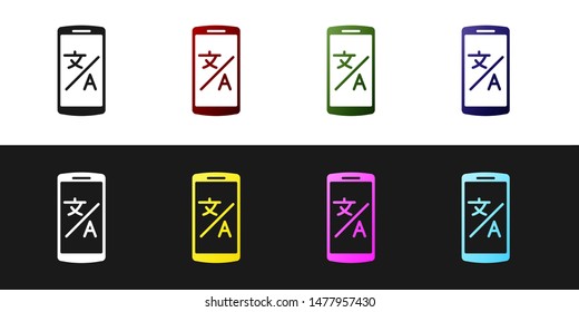 Set Online translator icon isolated on black and white background. Foreign language conversation icons in chat speech bubble. Translating concept.  Vector Illustration