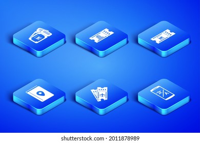 Set Online Traductor, billete de tren, aerolínea, guía de viajes de libro de carátula, Museo e icono. Vector