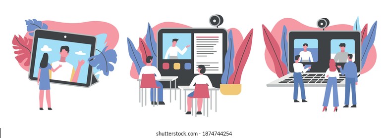 Set of online video conference. People taking with colleague on digital tablet, computer and tv screen. Web conferencing concept. Vector illustration design