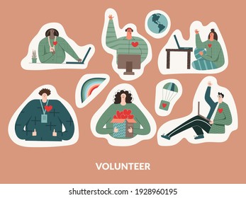 Set of online virtual volunteers sticker. Collection of charity people with laptop. Cute friendly young enthusiastic characters, support  and care in global network. Flat vector cartoon illustration 