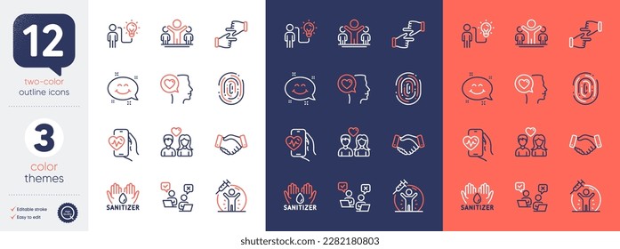 Set of Online voting, Fingerprint and Winner line icons. Include Click hands, Vaccine protection, Business idea icons. Smile chat, Romantic talk, Employees handshake web elements. Vector