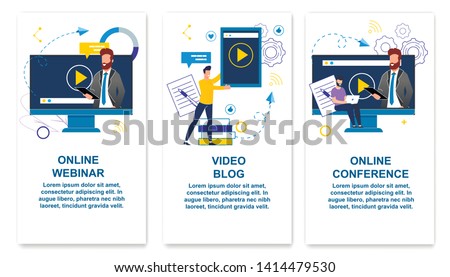 Set Online Webinar, Video Blog, Online Conference. He is Conducting Online Training. Guy Writes Video Blog and Puts it to View Internet. Men Participate in Conference. Vector Illustration.