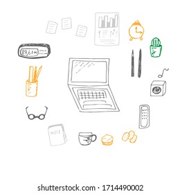 Conjunto de trabajo en línea, oficina doméstica, ilustración vectorial, portátil, papeles, bolígrafo, radio, reloj despertador, altavoz, tazas, dulces, dibujo a mano, color