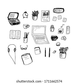 Conjunto de trabajo en línea desde casa, ilustración vectorial, dibujo a mano, portátiles, papeles, bolígrafos, radio, reloj despertador, auriculares, altavoz, tazas, dulces, macetas de flores