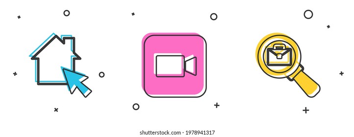 Set Online working, Camera and Magnifying glass with briefcase icon. Vector