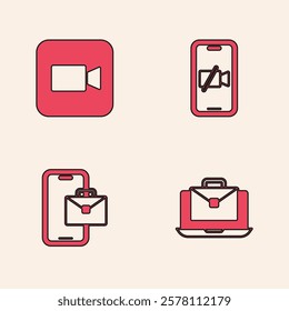 Set Online working, Camera, Video camera Off on mobile and Freelancer icon. Vector